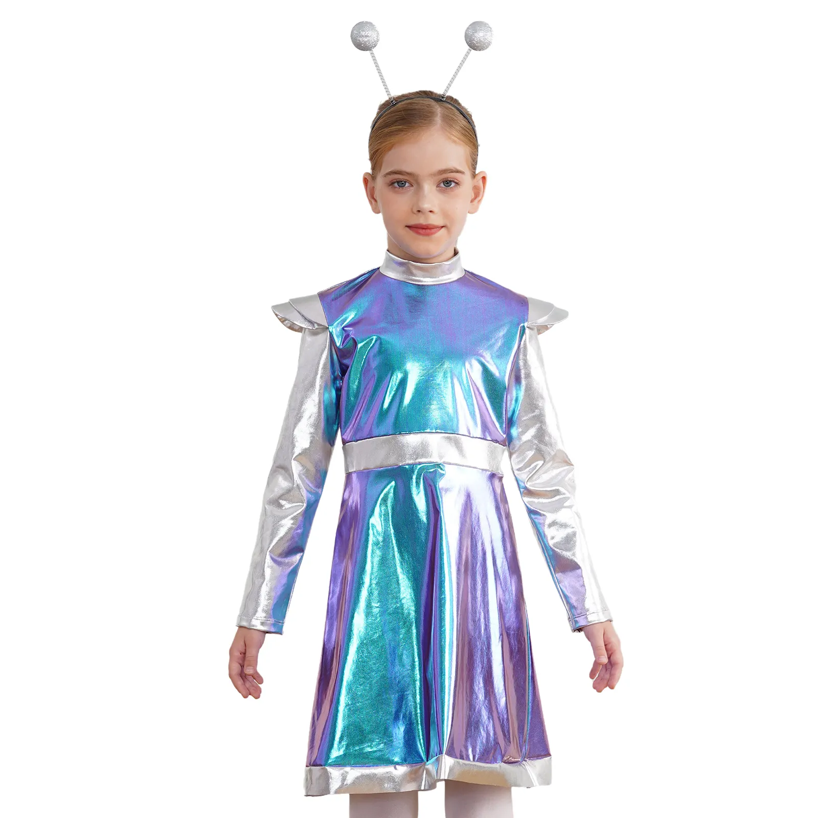 Dames Space Cadet Kostuum Vleermuismouw Rits Voor Pailletten Tule Rok Boyshorts Spaghetti Jumpsuit met Zilveren Haarhoepel Hoofdband voor Alien Astronaut – koop de beste producten in de online winkel