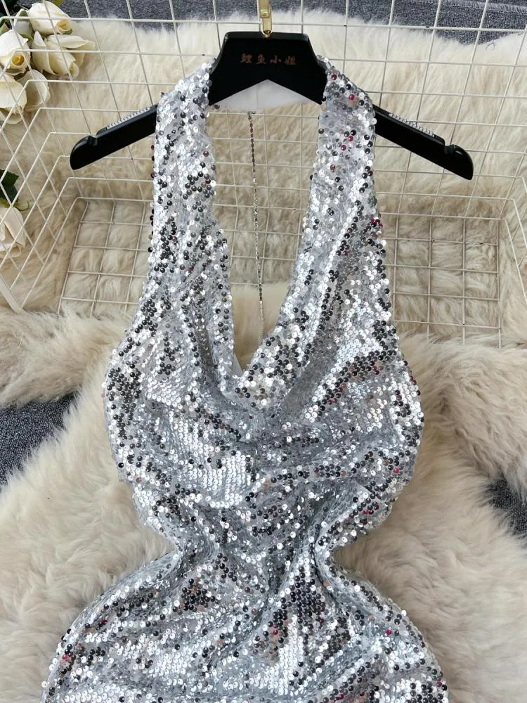 silver sparkly backless dress Kimberly Open Back Mini Dress in Silver Sequin main image 1