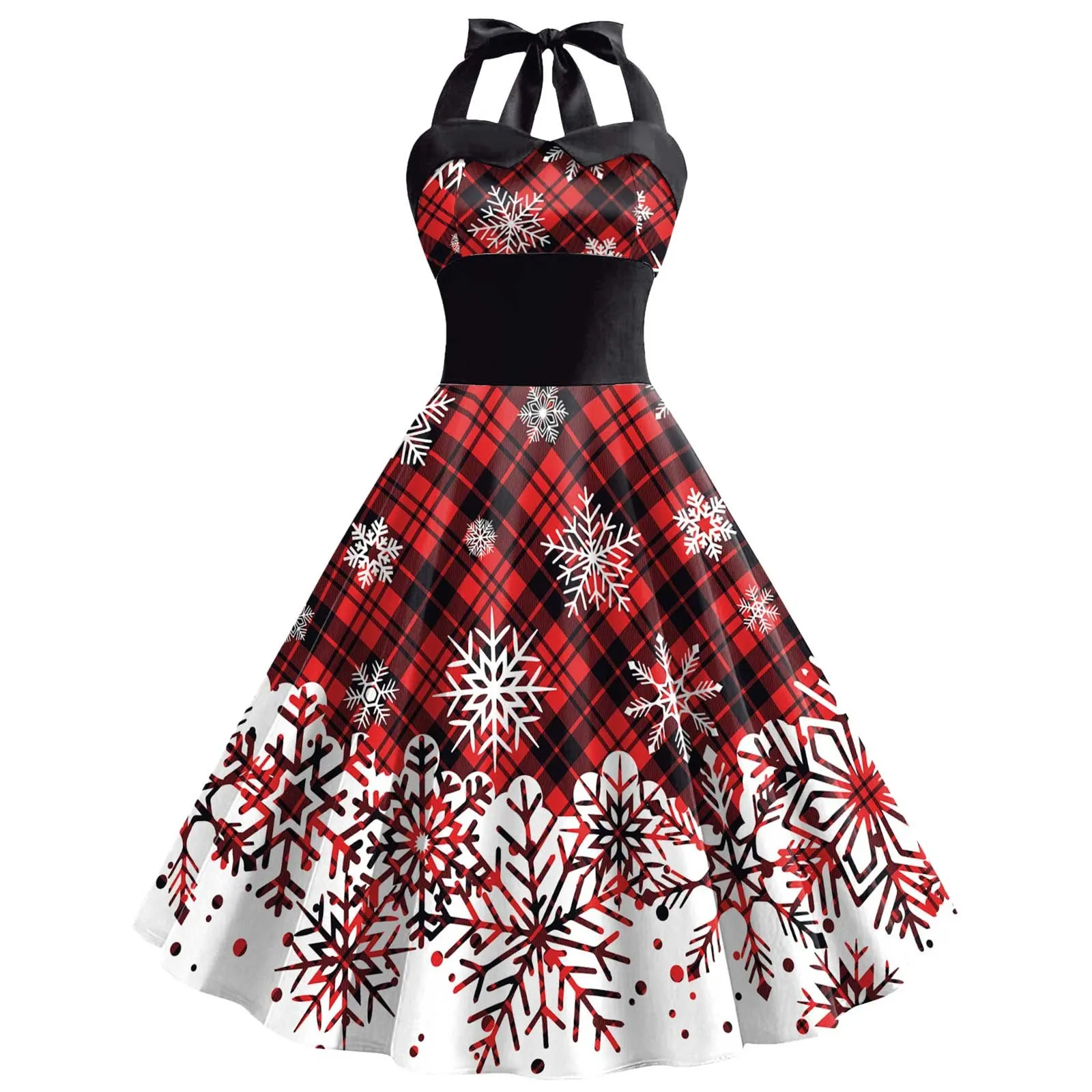 Sexy Red Christmas Snowflake Elk Halter Christmas Dress Women's Formal Event Dress