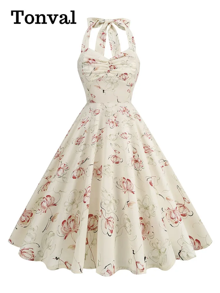 Vintage Floral Halter Pink Silk Dress with Ruched V-Neck and Backless Fit for Women's Evening and Birthday Parties Vintage Floral Halter Pink Silk Dress with Ruched V-Neck and Backless Fit for Women's Evening and Birthday Parties