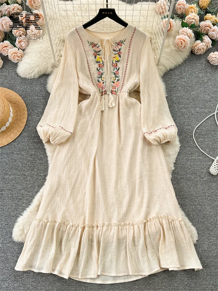 Embroidered Floral Midi Dress: Women's Long Sleeve V-Neck Flowy Sundress -  Shop Now! from Dhgate Basic & Casual Dresses - price 21.28