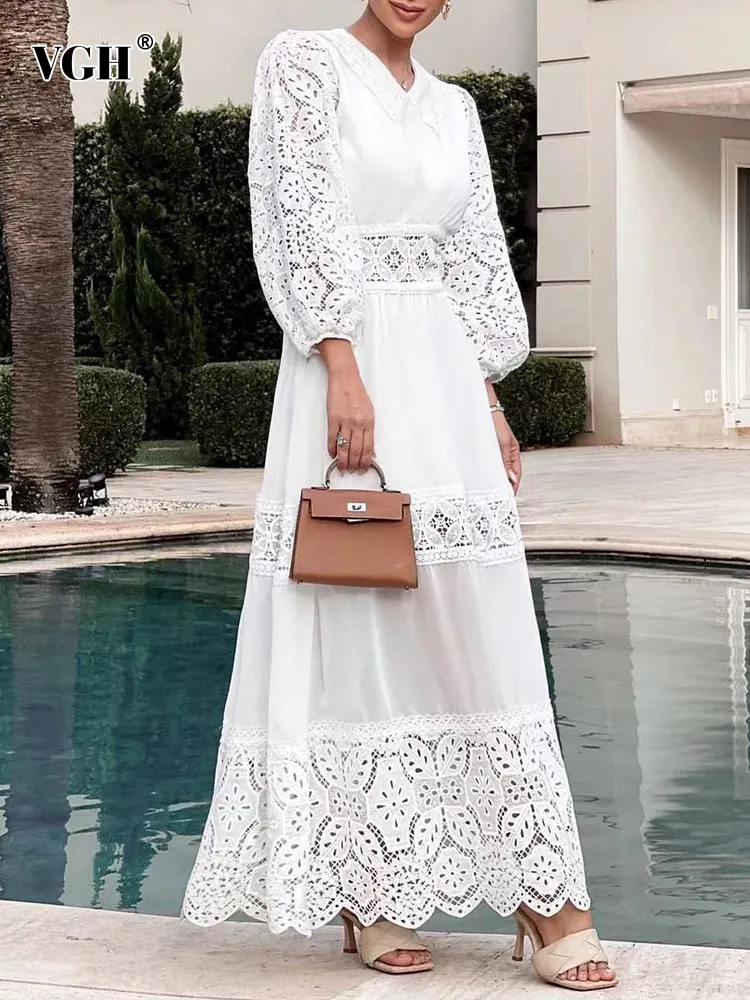 VGH Floral Embroidery Cut Out Dress for Women - Lapel Collar, Lantern Sleeves, High Waist Solid Elegant Fashion VGH Floral Embroidery Cut Out Dress for Women - Lapel Collar, Lantern Sleeves, High Waist Solid Elegant Fashion