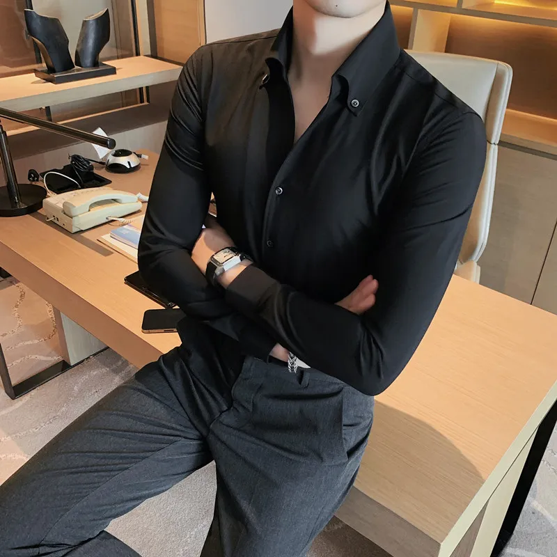 Men's Long Sleeve Business Dress Shirt with Slide Button Down Collar - Solid Color, Solid Shape, Ideal for Work - Available in White and Black - Sizes