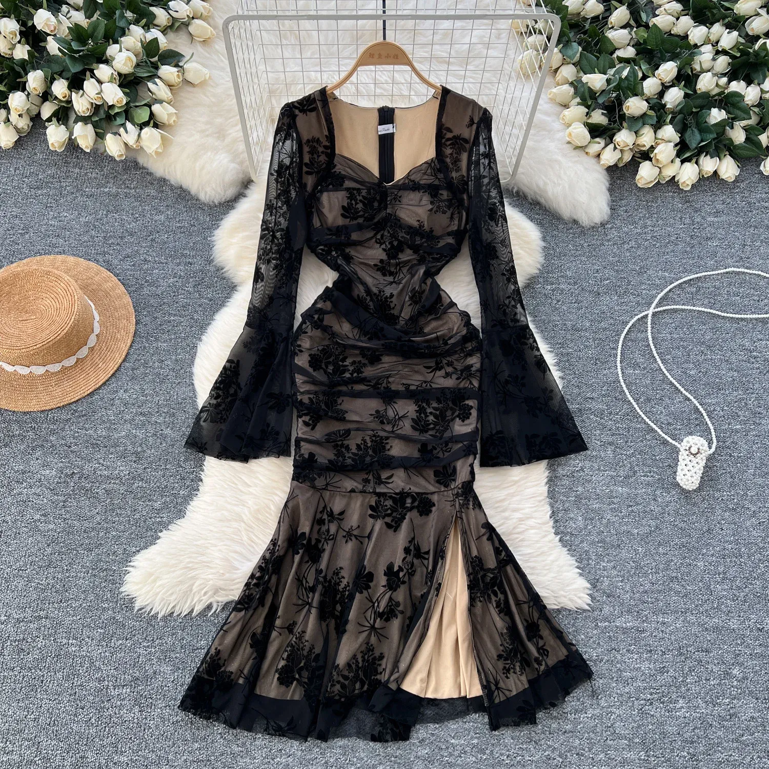 navy blue dress for baby girl Long Sleeves Appliques Ankle Length Chiffon Mother of The Bride Dress, Dark_Green main image 1