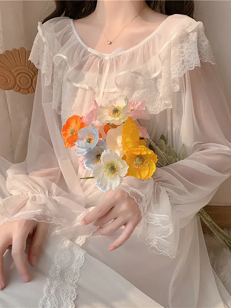 Vintage Lolita Princess Nightgown with Ruffles and White Lace for Women - Victorian Fairy Romantic Sleepwear and Loungewear