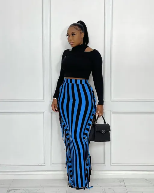 Women Stripe High Waist Tassel Side Bodycon Pencil Midi Maxi Skirt