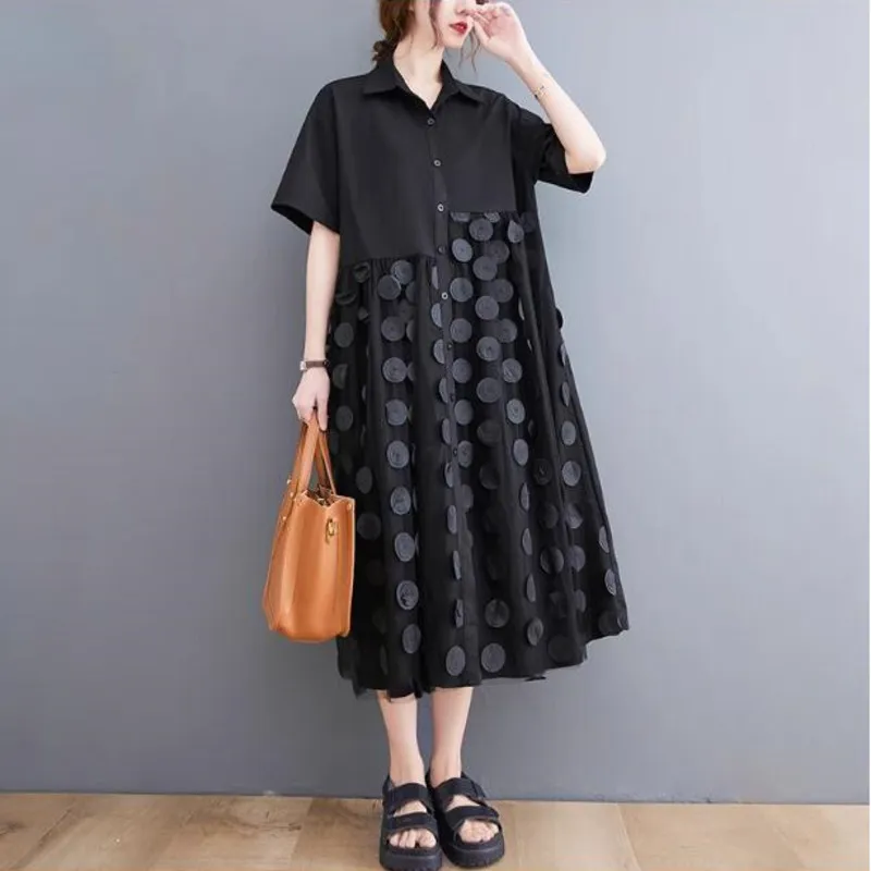 Spring Midi Midi Shirt Dress for Women - Turn-Down Collar, Long Sleeves, Casual Loose Fit, Spliced A-Line Midi Shirt Dress in Black