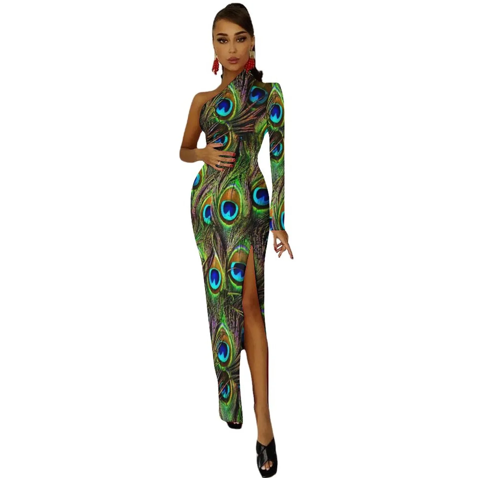 peacock bodycon dress Colorful Peacock Feather Print Maxi Dress for Women