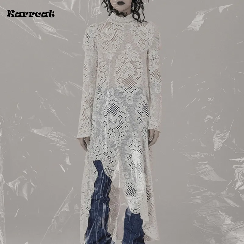 Karrcat Grunge Gothic Embroidered Midi Dress - Vintage Japanese Harajuku Knitted boho clothing with Hollow Out Aesthetics