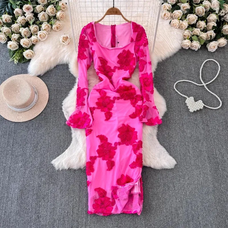 Basic Casual Dresses High Street Dresses Women Square Collar Luxury  Socialite Style Bodycon Dress Embroidered Floral Slim Medi Flared Sleeve  Vestidos 2025 From Xiongstore, $34.18 | DHgate.Com
