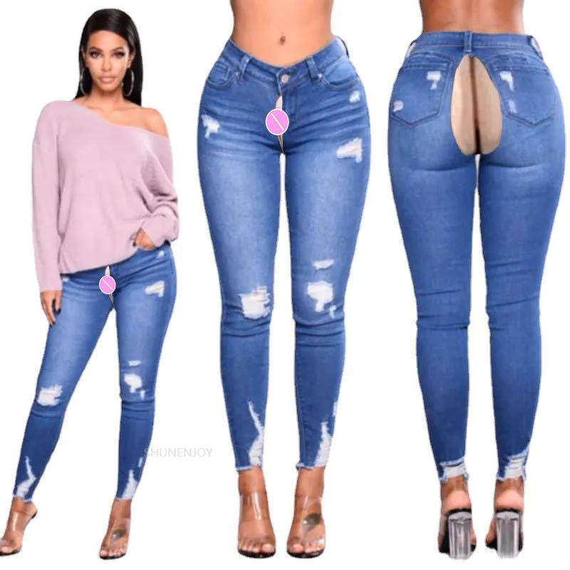 Womens Ripped Denim Open Crotch Pants With Invisible Zipper Sexy