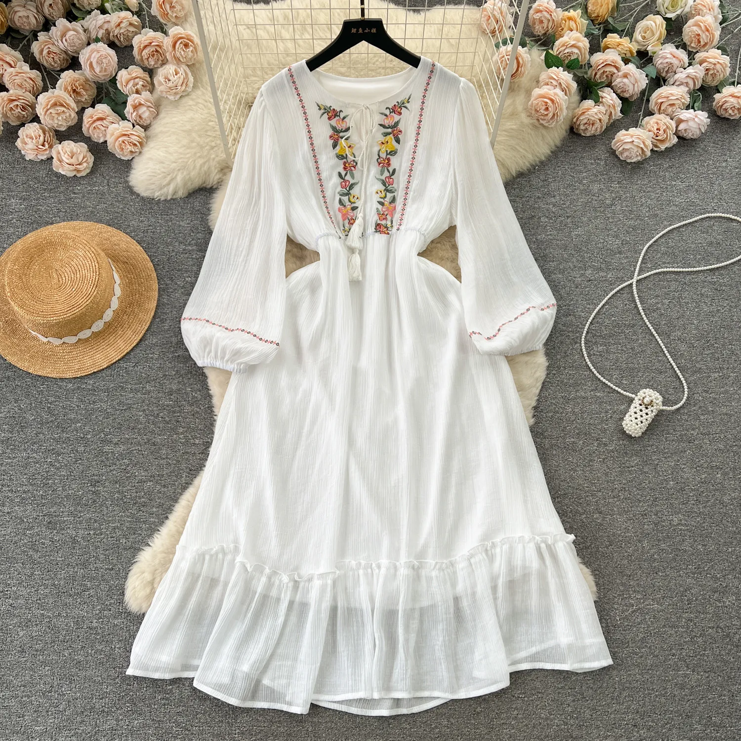 Embroidered Floral Midi Dress: Women's Long Sleeve V-Neck Flowy Sundress -  Shop Now! from Dhgate Basic & Casual Dresses - price 21.28