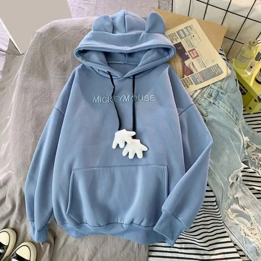 Womens Cartoon Hand Drawstring Hoodie With Ear Decor Thick Patch