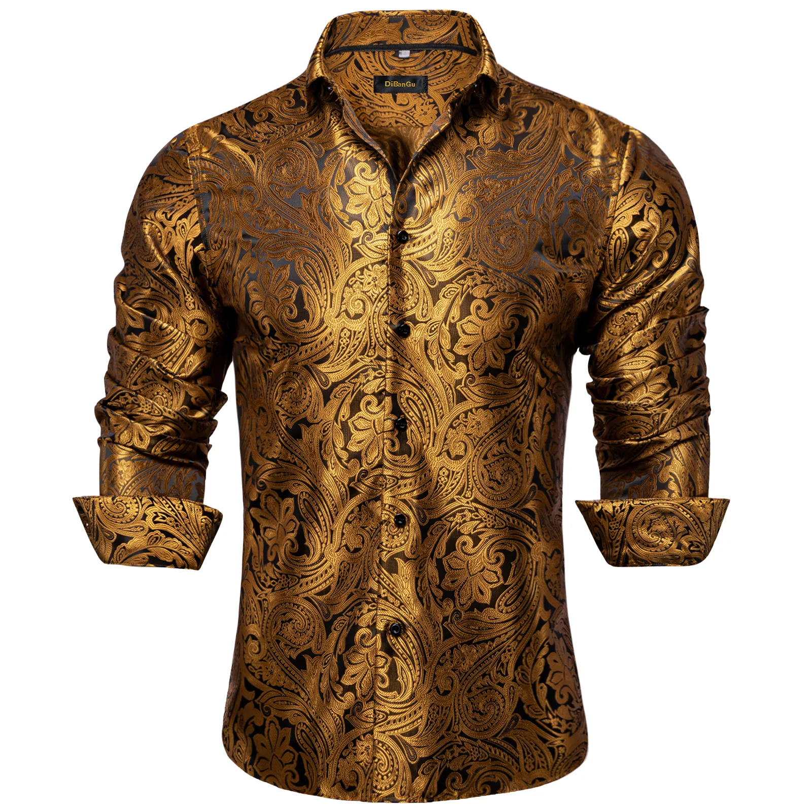 DiBanGu Men's Luxury Gold Paisley Silk Gold tuxedo shirt - Long Sleeve for Weddings and Parties DiBanGu Men's Luxury Gold Paisley Silk Gold tuxedo shirt - Long Sleeve for Weddings and Parties