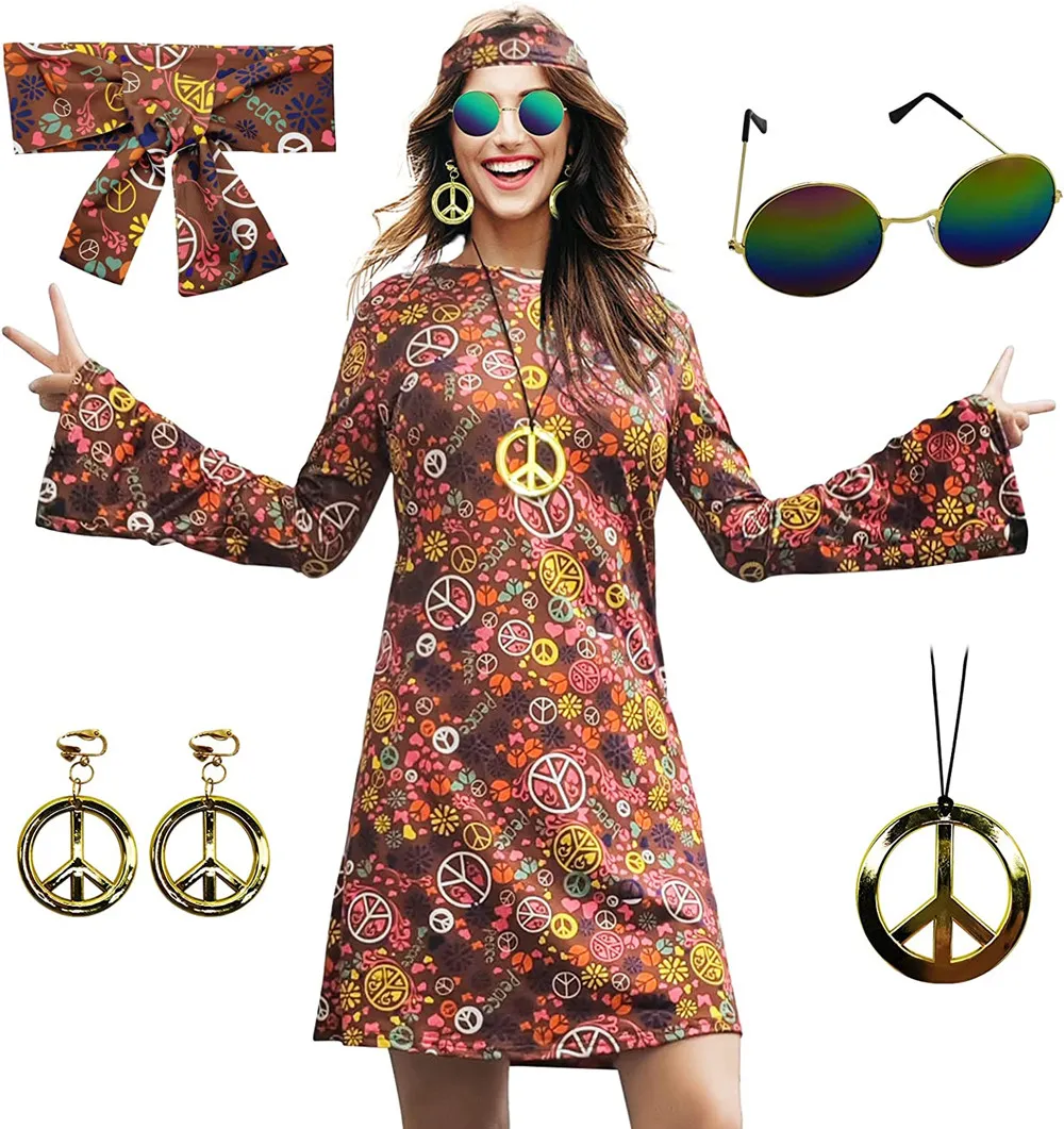 Zhulybowei Costume da Hippie Donna, Costume Carnevale Donna - Include Hippie Orecchini Collana Occhiali da Sole Fascia, Disco Costume da Hippie Anni 60 anni 70 per Carnevale, Halloween, Cos Party