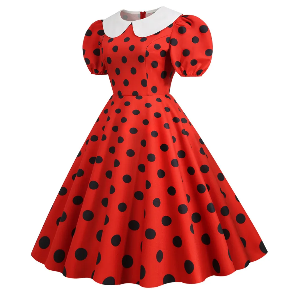 Vintage Polka Dot Red Rockabilly 80s prom dress with Peter Pan Collar for Women - Perfect for Office, Parties, and Casual Wear in Summer