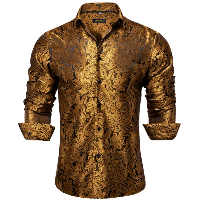 DiBanGu Men's Luxury Gold Paisley Silk Gold tuxedo shirt - Long Sleeve for Weddings and Parties