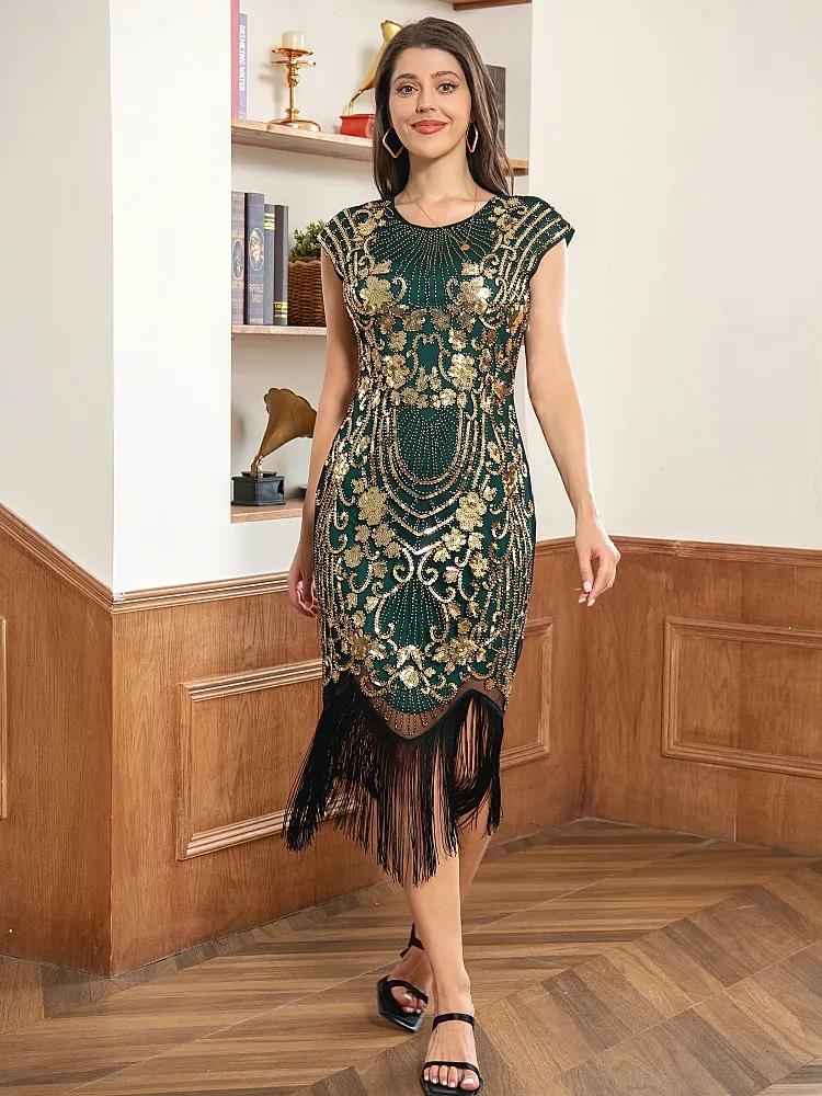 knee length dresses for ladies BABEYOND Off Shoulder Sequin Beaded 1920s Dress, Fringe Flapper Great Gatsby Party Dress, Black/Gold Size S main image 0