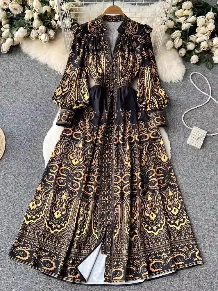 Vintage Baroque Flower Long Sleeve Flowy Dress with Lantern Print for Women - Long Sleeve V-Neck, Single-Breasted A-Line Robe with Ruffles - Perfect Vintage Baroque Flower Long Sleeve Flowy Dress with Lantern Print for Women - Long Sleeve V-Neck, Single-Breasted A-Line Robe with Ruffles - Perfect