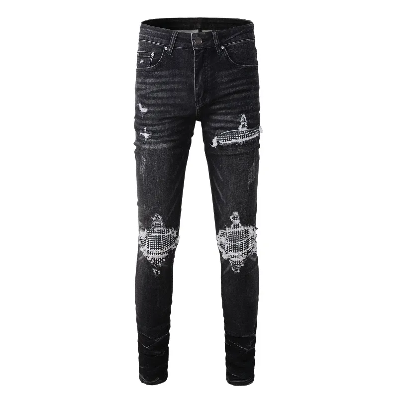 Mens Blue And White Designer Mike Amiri Jeans With Destroy Quilt 