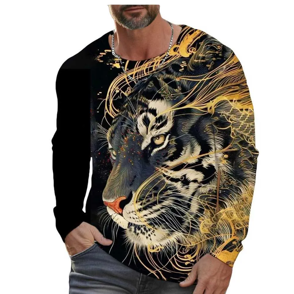 Men's Long Sleeve T-shirt with Tiger Graphic, Acetate Material