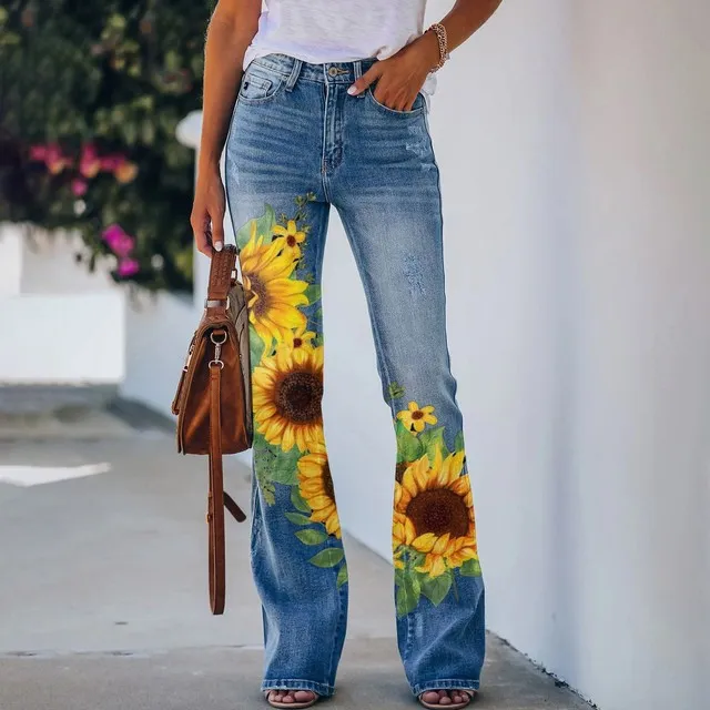 Sunflower Print Flare Jeans for Women Full-Length Skinny Retro