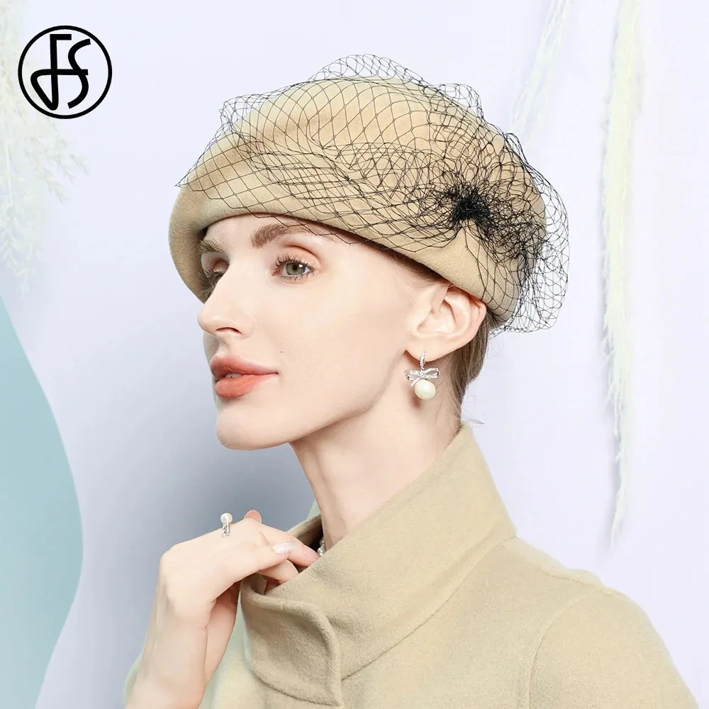 Women\'s Elegant Church Fedoras Wool Felt Vintage Beret Wedding Veil Cap Khaki ORIDOOR British Style Pillbox Hat Women Church Wedding  main image 3