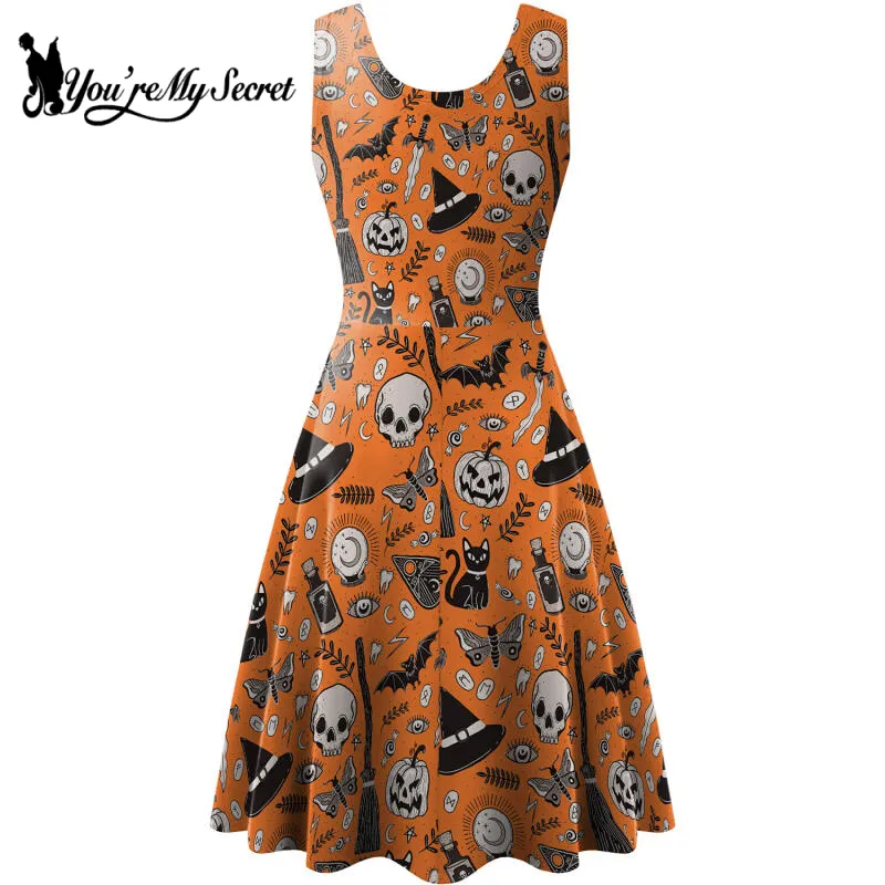 white christmas dresses Gothic Plus Size Christmas Holly Skull Print Split Pocket A Line Midi Dress Black / XXS