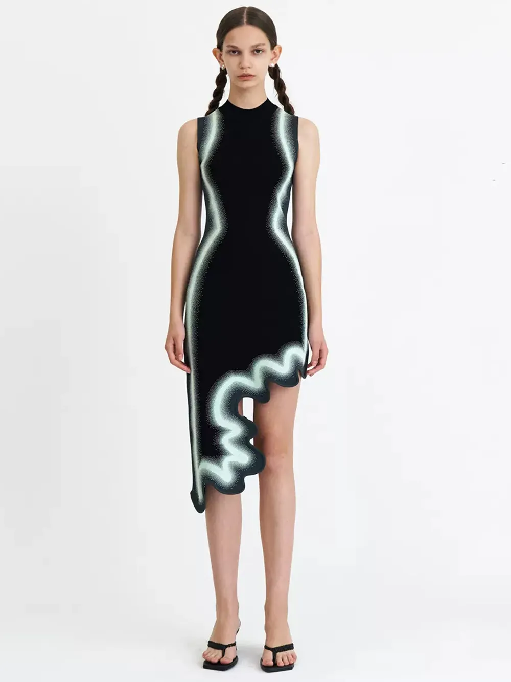 wavy hem knitted sleeveless dress Modphy Knit with Asymmetrical and Tie Dye Print, Pink, Mid-Calf Length Midi dress