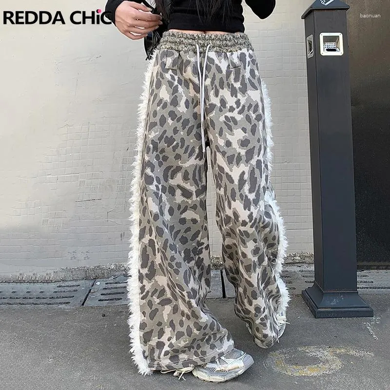 Womens Wide Leg Fuzzy Faux Fur Trim Sweatpants - Leopard