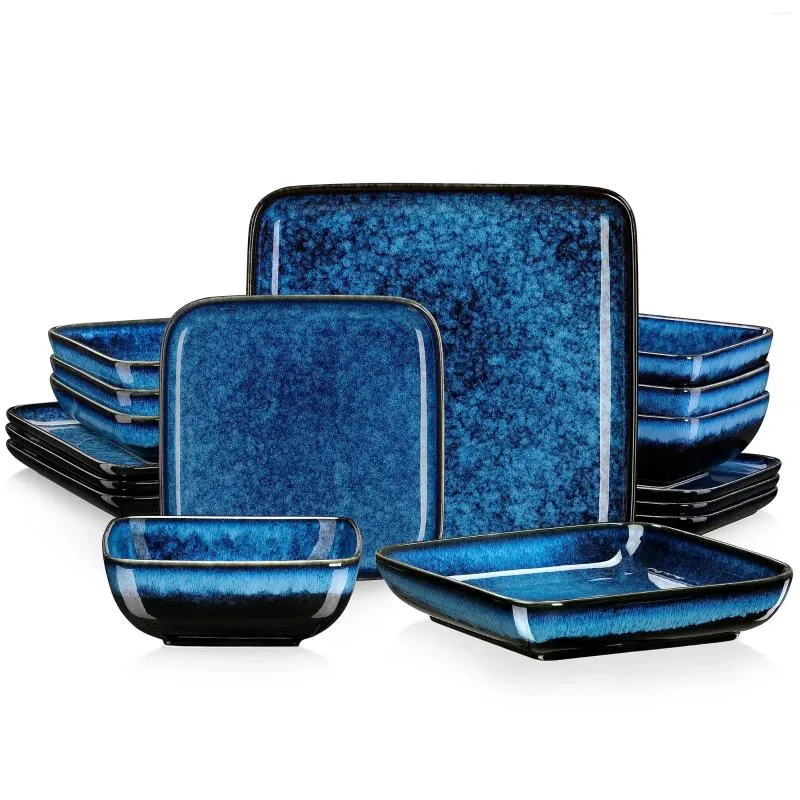 Ceramic Dinnerware Set for 4, Blue Square Kiln Change Glaze