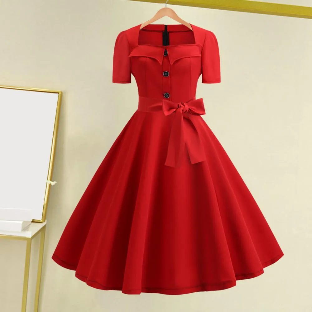 Vintage Rockabilly A-Line Midi Dress with Pin Interest Com-Up Design, Square Neck, Big Hem, and Color Matching