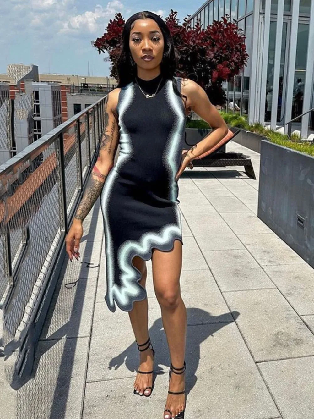wavy hem knitted sleeveless dress Modphy Knit Sleeveless Dress with Asymmetrical Wavy Hem and Tie Dye Print,  Pink, Mid-Calf Length from Dhgate Basic & Casual Dresses