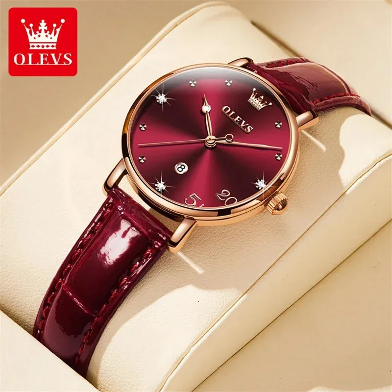 Olevs 5505 Fashion Wine Red Ultra Thin Quartz Watch WOMENS Leather