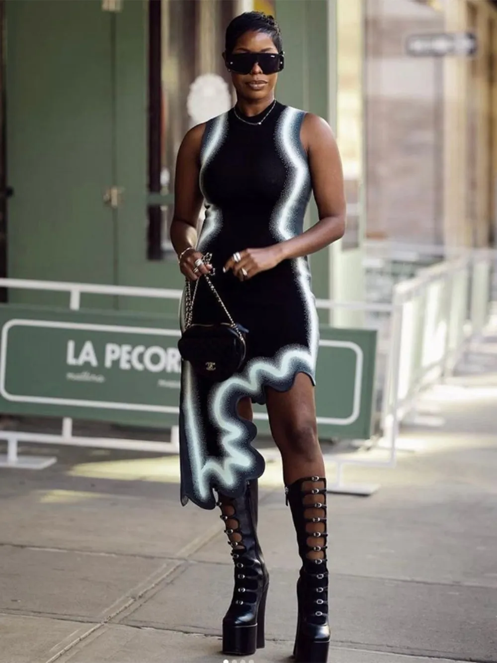 wavy hem knitted sleeveless dress The Black Wave Mermaid Hem Knit Midi Dress