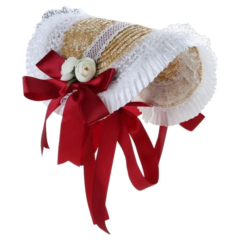 Vintage Lace Ruffle White Straw Hat with Ribbon Flower Straw - Perfect for Tea Parties, Beach and Sun White Straw Hats - Gorgeous Headwear (241223)