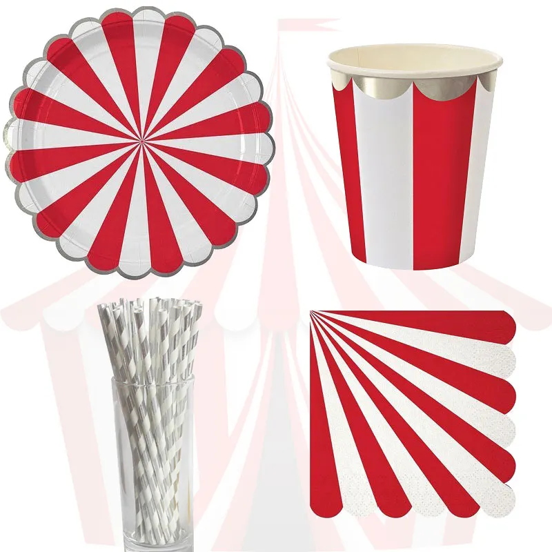 Red Striped Circus Paper Plates Cups Disposable Tableware For