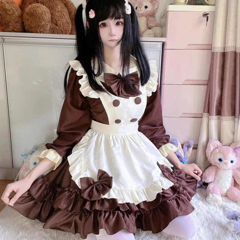 brown maid dress Front Ribbon Lantern Long-Sleeve Maid Dress + Ruffleed Big Ribbon Apro –  Belchic main image 0