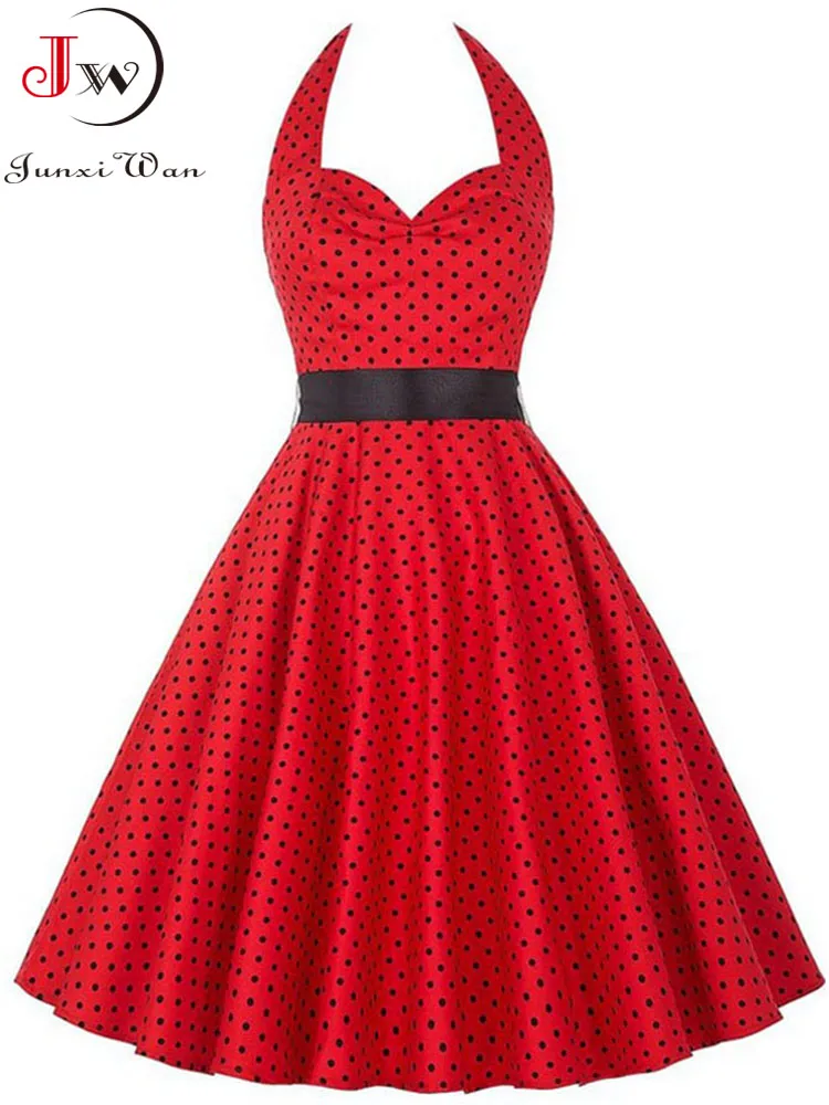 Vintage Polka Dot Dress for Women with Halter Neckline and Flared Skirt Vintage Polka Dot Dress for Women with Halter Neckline and Flared Skirt