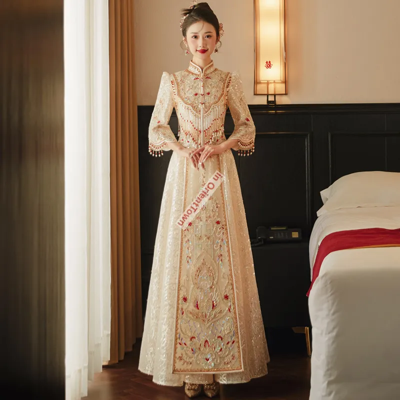 Three-Quarter Sleeve Champagne Bridal Wedding Chinese Wedding dress with Guangdong - Perfect for Oversea Chinese Brides