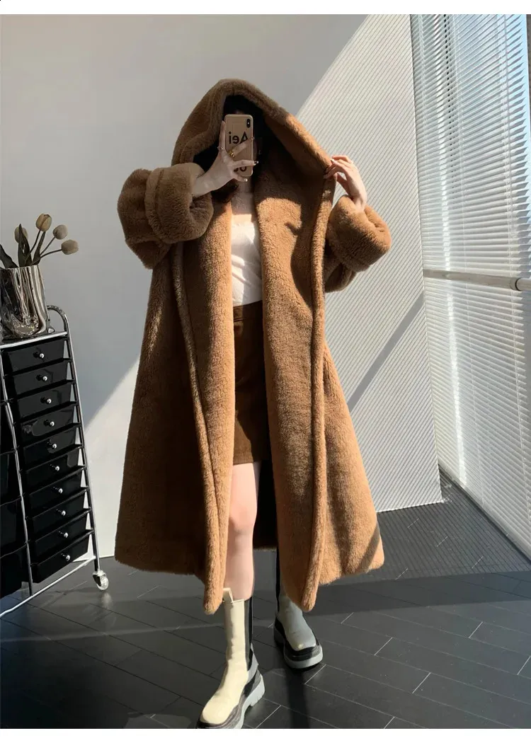 Bear Fur Coat Womens Hooded Teddy Bear Style Faux Fur Coat, Camel