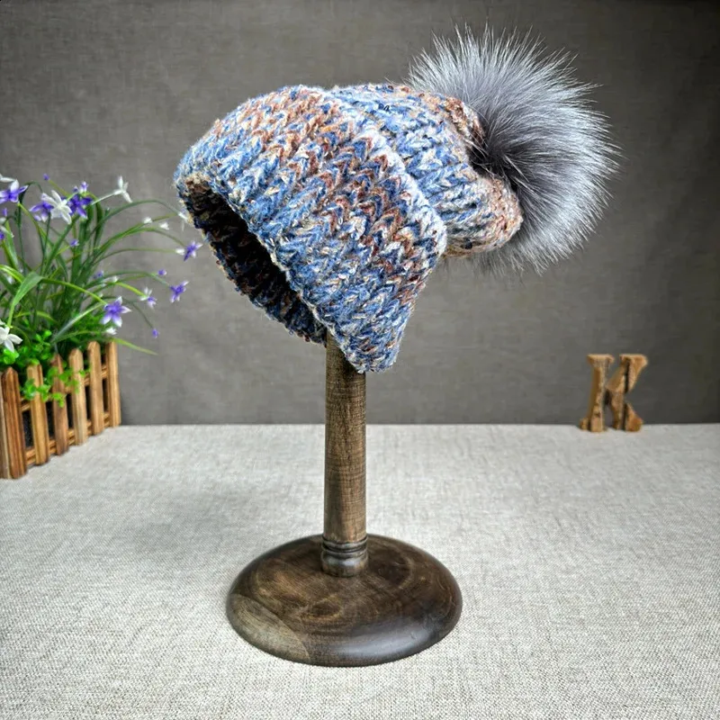 Fox Beanies Warm Wool Blend Hat With Real Fur Pom Pom  display picture 1