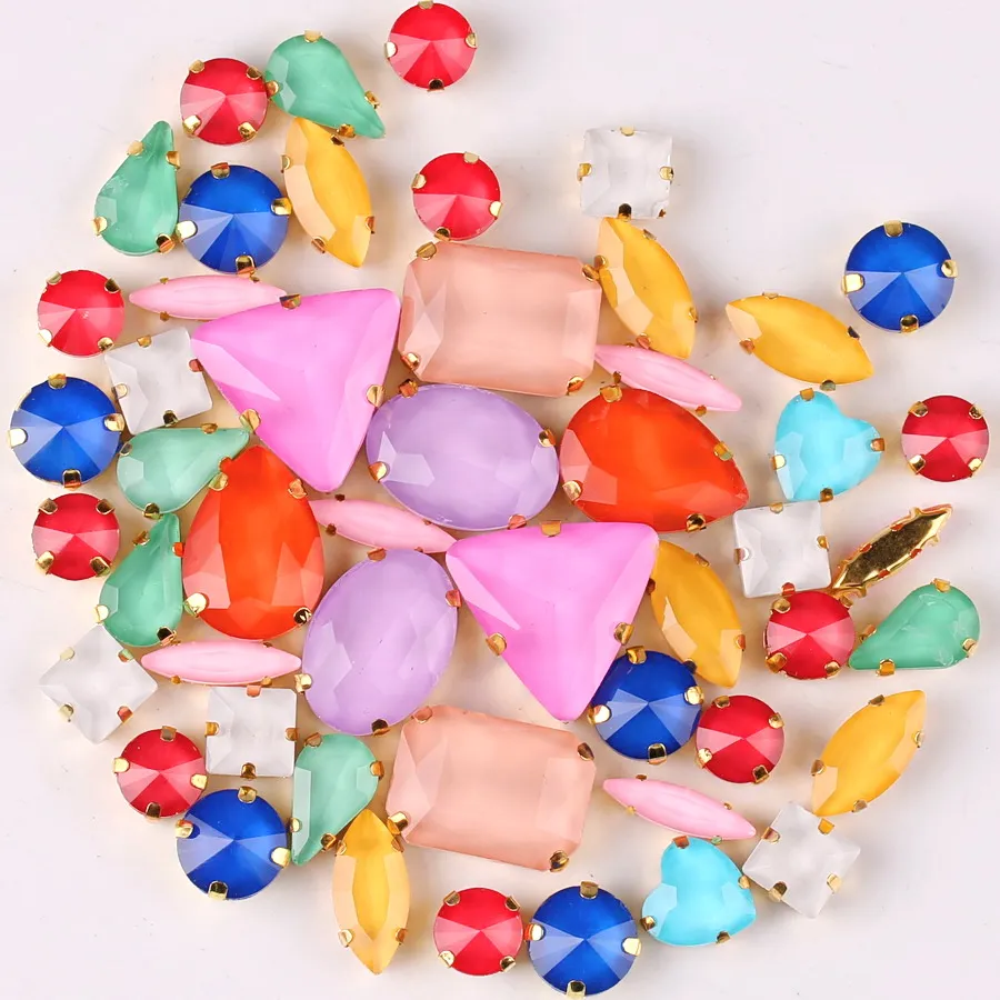 50PC Green Mixed Shape Rhinestones - Sew On Crystal With Gold Claw Settings For DIY Crafts