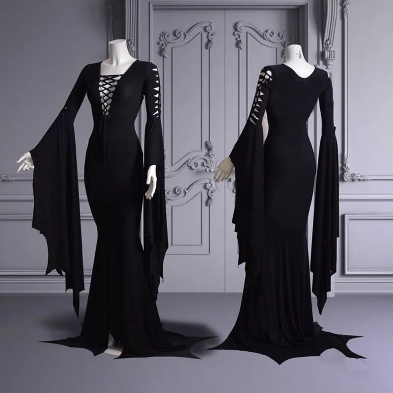 knee length dresses for ladies Scarlet Darkness Morticia Addams Gothic Bat Sleeve Maxi Bodycon Dress