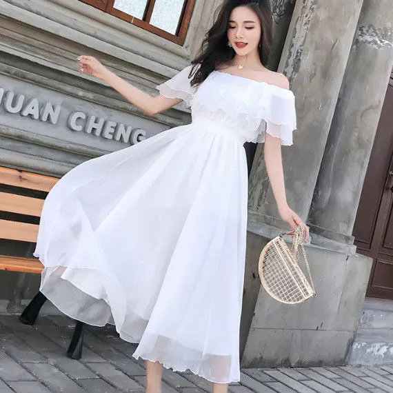 Cute Korean Style Dresses Graceful White Chiffon Long White Flowy Dress  With Fairy Layers And Ruffles For Women's Summer Beach Evening Party