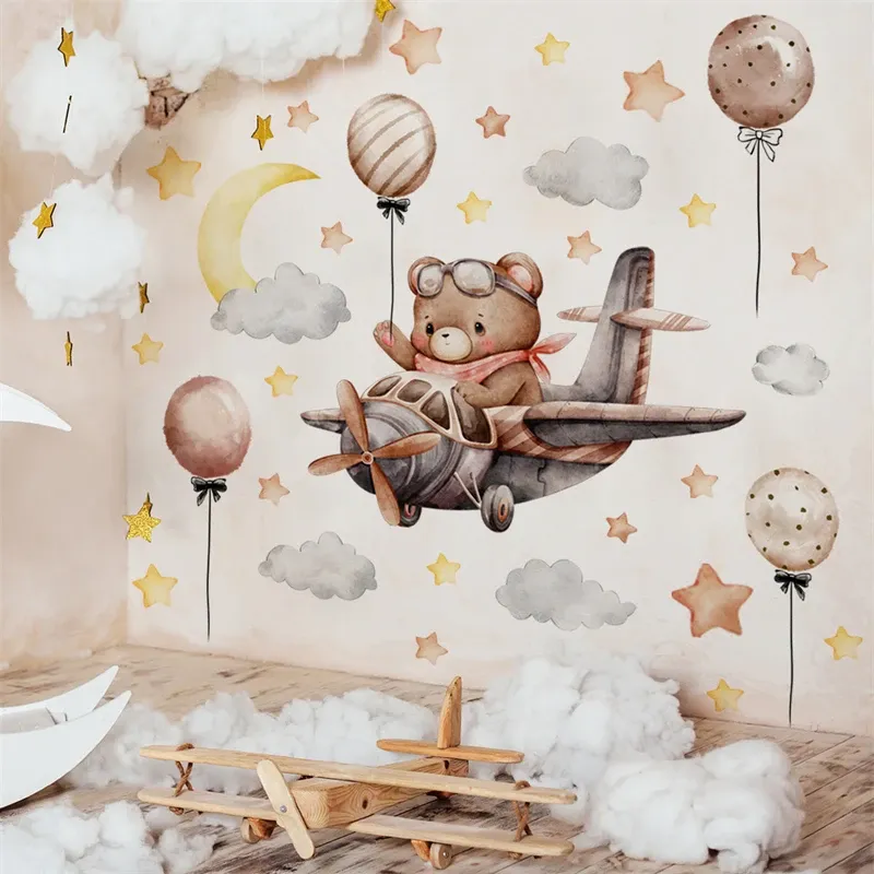 Kids Room Wall Stickers - Cartoon Bear Airplane Balloon Stars Decals ...