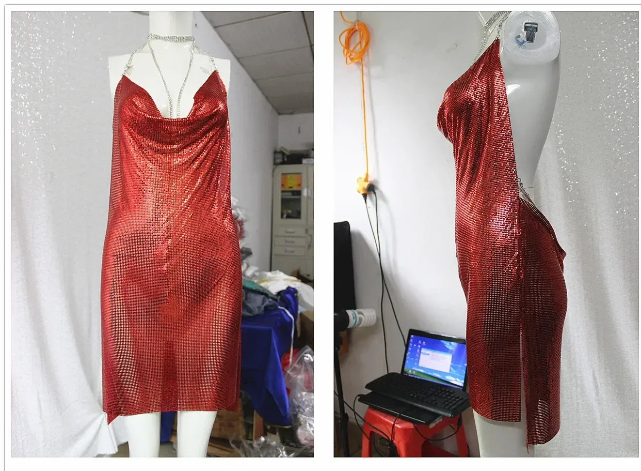 Kendall Jenner Red Metal Spaghetti Strap Sheath Red Sparkly Dress with Spark Diamond Halter - Perfect for Clubbing and Sexy Occasions