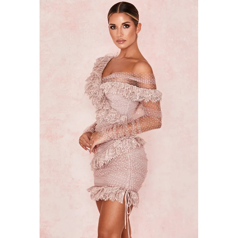 chinese dress ladies Peplum Embroidered Lace Bodycon Dress in Pink main image 0