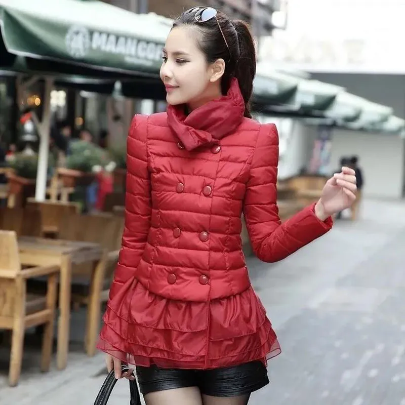 Womens Red Down Cotton Parka Jacket Double Breasted Puffer Coat