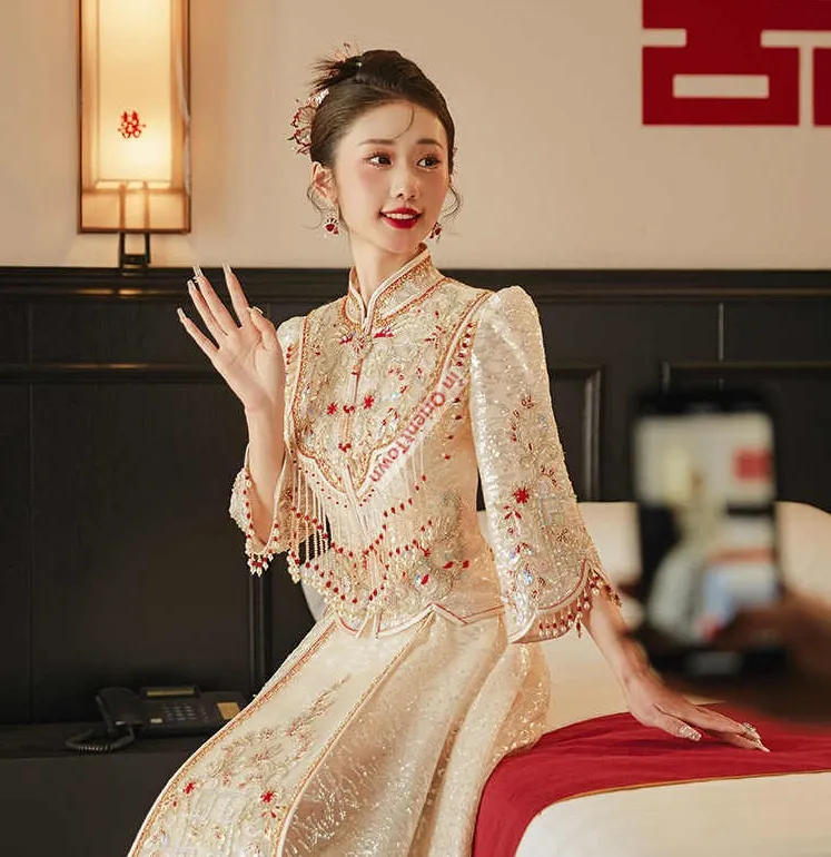 Three-Quarter Sleeve Champagne Bridal Wedding Chinese Wedding dress with Guangdong - Perfect for Oversea Chinese Brides